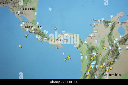 Trafic aérien au-dessus de l'Amérique centrale (15 août 2020, UTC 15.36), sur Internet avec le site Flightracar 24, pendant la pandémie du coronavirus Banque D'Images