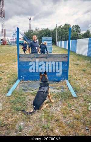 Chien de berger allemand regardant les maîtres sur le terrain de jeu Banque D'Images