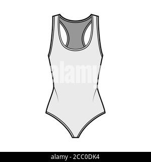 Body en jersey de coton, illustration technique de la mode, dos nageur, encolure en U profonde. Modèle de vêtement extérieur plat une pièce à l'avant, de couleur grise. Femmes, hommes, unisex maillot de bain CAD maquette. Illustration de Vecteur