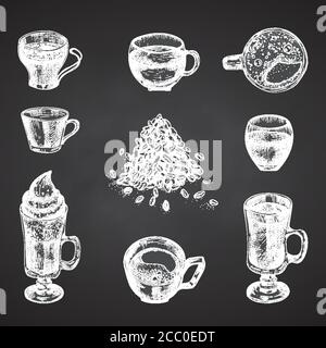 Mettez en place une bouteille et des verres dessinés à la main pour les boissons au café. Bar design vintage, restaurant, menu du café. Fond de tableau noir. Modèle créatif pour la circulaire Illustration de Vecteur