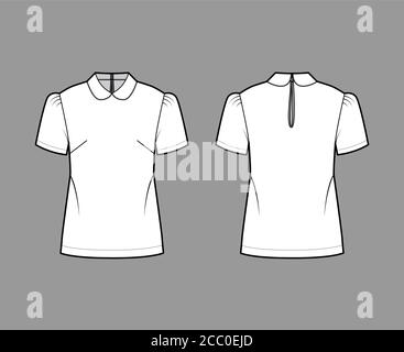 Chemisier à col claudine illustration technique de la mode avec manches courtes, corps décontracté, ouverture boutonnée dans le dos. Modèle de dessus de vêtements plats avant, arrière blanc. T-shirt unisexe CAD femmes hommes Illustration de Vecteur