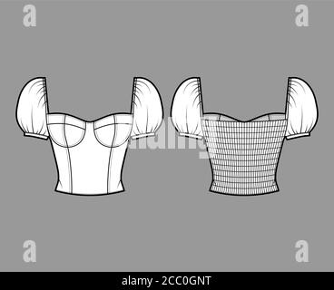 Bijou court corset-style top technique de mode illustration avec épaules bouffantes, tasses moulées, coupe ajustée, dos shirred. Modèle de vêtement plat avant arrière de couleur blanche. Chemise unisexe pour femmes et hommes Illustration de Vecteur