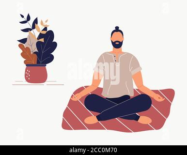 Hipster homme assis avec ses jambes croisées sur le sol et méditant. Jeune homme dans la posture de yoga faire de la méditation, pratique de pleine conscience, Illustration de Vecteur