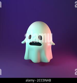 Représentation 3D du signe de fantôme effrayant et triste sur fond violet. Bonne bannière Halloween Banque D'Images