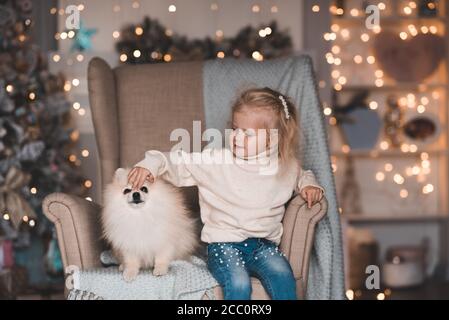 Mignon enfant fille de 3-4 ans assis dans la chaise chien d'animal de compagnie de chasse au-dessus des lumières de Noël dans la chambre à proximité. Amitié. Saison des vacances d'hiver. Noël. Banque D'Images