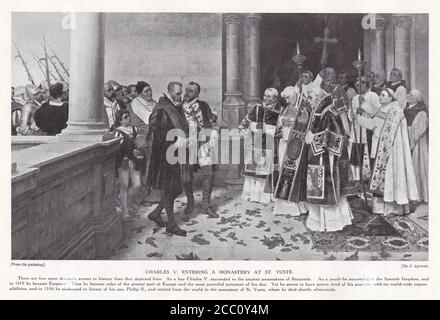 Charles V. entrant dans un monastère à Saint-Yuste - peinture par J. Agrasot. Banque D'Images