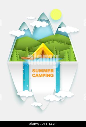 Camping d'été, illustration vectorielle dans le style de l'art papier Illustration de Vecteur