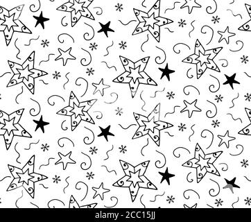 Étoiles, flocon de neige main dessin coloriage livre sans couture rare motif. Articles de Noël décoratifs noirs sur fond blanc. Lignes irrégulières Illustration de Vecteur