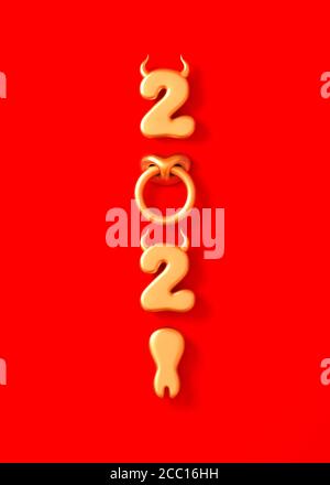 2021 avec des nombres d'or comme des cornes de taureau, des anneaux et des anneaux de nez sur fond rouge. Concept de la nouvelle année chinoise de l'Ox. Banque D'Images