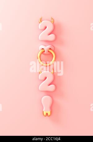 2021 avec des nombres comme les cornes de taureau d'or, le sabot et l'anneau de nez sur fond rose. Concept de la nouvelle année chinoise de l'Ox. Banque D'Images