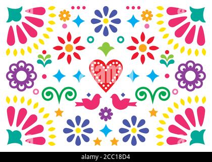Carte de vœux vectorielle d'art populaire mexicain ou motif d'invitation à la fête, motif coloré avec fleurs et oiseaux inspirés des ornements traditionnels de Illustration de Vecteur