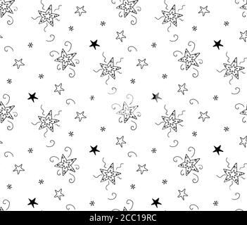 Étoiles, flocon de neige main dessin coloriage livre sans couture rare motif. Articles de Noël décoratifs noirs sur fond blanc. Lignes irrégulières Illustration de Vecteur