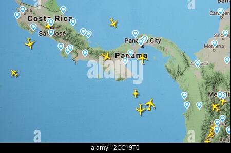 Trafic aérien au-dessus du Panama et du Costa Rica (15 août 2020, UTC 15.36), sur Internet avec le site Flightracar 24, pendant la pandémie du coronavirus Banque D'Images