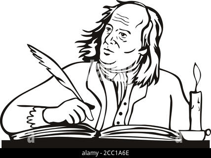 Illustration de style rétro de Benjamin Franklin, un polymath américain et l'un des Pères fondateurs des États-Unis, comme un écrivain écrivant avec qui Illustration de Vecteur