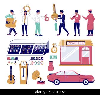 Jeu de caractères de dessin animé de pawnshop, illustration vectorielle isolée plate Illustration de Vecteur