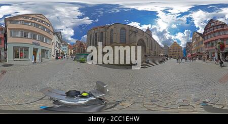 Vue panoramique à 360° de Photo à 360 degrés, Holzmarkt (marché du bois) avec église (Stiftskirche St. Georg) et librairie Heckenhauer, Tuebingen, Bade-Wurtemberg, Allemagne