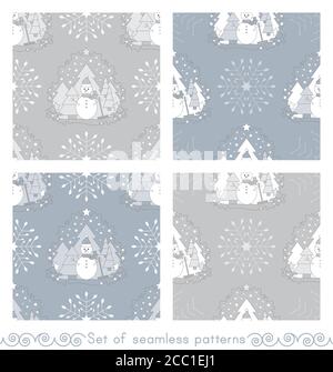 Ensemble de motifs de noël sans couture. Bonhomme de neige, forêt de sapins, chute de neige, étoile et flocon. Illustration vectorielle. Illustration de Vecteur