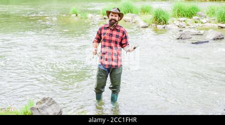 C'est votre endroit. Activités de loisir et de sport. Pêcheur barbu dans l'eau. Homme mature pêche à la mouche. Homme attrapant le poisson. Week-end d'été. Pêche à la mouche réussie. Pêcheur montre technique de pêche utilisez la tige. Banque D'Images