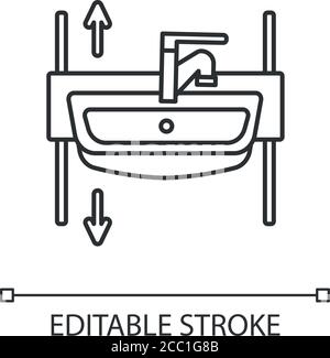 Icône linéaire de l'évier à hauteur réglable. Lavabo d'élévation et d'automne pour les personnes en fauteuil roulant et les personnes âgées. Illustration personnalisable à lignes fines. Symbole de contour. Ven Illustration de Vecteur