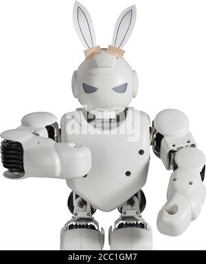 Robot avec oreilles de lapin de Pâques sur fond blanc découpé Banque D'Images