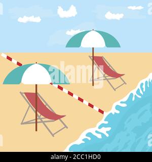 Illustration vectorielle ouverture des plages après la quarantaine de la COVID-19, pandémie du coronavirus. Parasols, lieux de détente à distance social distanciation. Somme Illustration de Vecteur