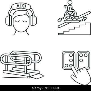 Les personnes handicapées installations linéaires icônes ensemble Illustration de Vecteur