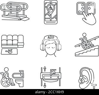 Installations pour personnes handicapées ensemble d'icônes linéaires Illustration de Vecteur