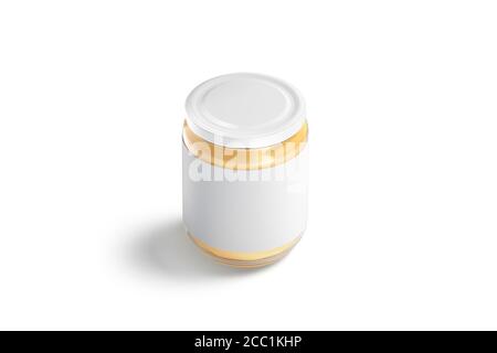 Pot en verre vierge avec étiquette blanche et maquette de beurre d'arachide Banque D'Images