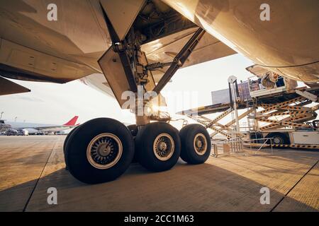 Préparation avant le vol. Chargement de conteneurs de fret dans un avion à l'aéroport. Banque D'Images