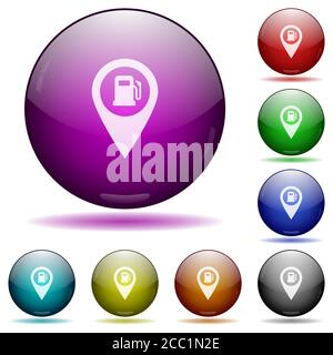 Icônes d'emplacement de la carte GPS de la station-service dans une sphère en verre de couleur boutons avec ombres Illustration de Vecteur