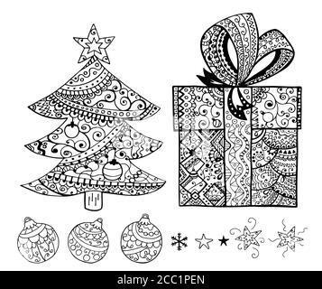 Étoiles, boules de noël main dessin coloriage livre sans couture rare motif. Articles de Noël décoratifs noirs sur fond blanc. Lignes irrégulières Illustration de Vecteur