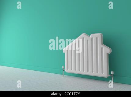 Radiateur de chauffage en forme de maison. L'énergie à la maison. Rendu 3D Banque D'Images