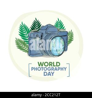 illustration vectorielle de la journée mondiale de la photographie. concept appareil photo, monde, feuille. Illustration de Vecteur