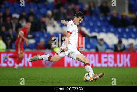 Stanislaw Drahun de Biélorussie pendant le match international amical au Cardiff City Stadium, Cardiff, pays de Galles. Banque D'Images