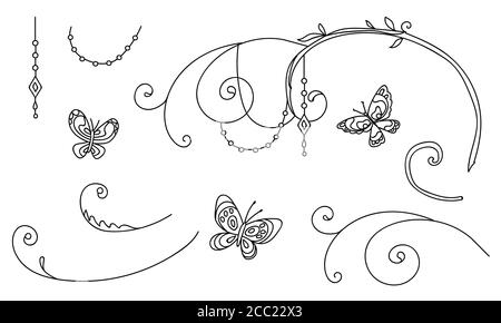Ensemble botanique avec papillon d'art en ligne dessiné à la main et vignettes décoratives. Illustration vectorielle monochrome modèle floral pour invitation de mariage, végétalien