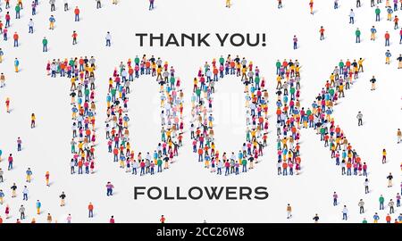 100 000 suiveurs. Groupe de gens d'affaires sont rassemblés en forme de 100000 mots, pour la page Web, la bannière, la présentation, les médias sociaux, la foule de petites personnes. Travail d'équipe. Illustration de Vecteur