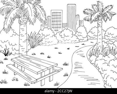 Park Graphic noir blanc table paysage dessin vecteur d'illustration Illustration de Vecteur