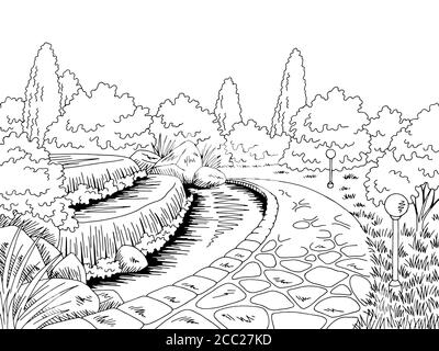 Park étang graphique noir blanc paysage dessin illustration vecteur Illustration de Vecteur