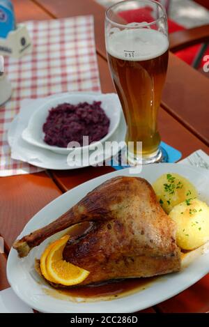 L'Allemagne, la Bavière, la plaque de verre de bière avec de la viande, Banque D'Images