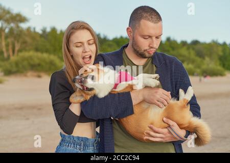 Jeune couple heureux de l'homme et de la femme avec corgi chien, belle femme mordant les oreilles du chiot Banque D'Images