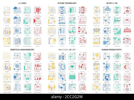 Lignes minces et plates icônes abstraites illustration vectorielle, design moderne en couleurs avec technologies d'innovation futures en médecine et en biochimie génétique, impression 3d, symboles numériques de productivité humaine Illustration de Vecteur
