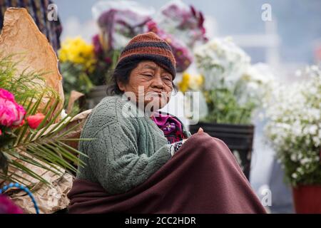 Vieille femme maya K'iche locale vendant des fleurs le jour du marché dans la ville de Chichichastenango, El Quiché, Guatemala, Amérique centrale Banque D'Images