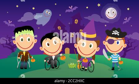 Groupe d'enfants handicapés en costumes d'halloween. Divers handicaps, enfants en fauteuil roulant, enfant amputé. Jeu de caractères d'illustration vectorielle. Illustration de Vecteur