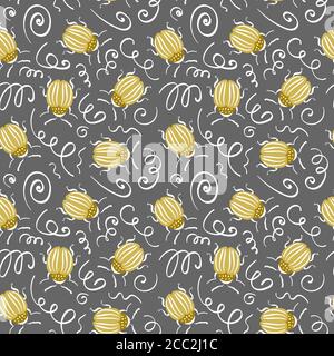 Motif sans couture avec punaises de pommes de terre Colorado dorées et couverture sur fond gris. Illustration vectorielle. Illustration de Vecteur