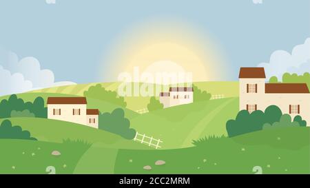 Champ de ferme, été nature paysage illustration vectorielle. Village plat de dessin animé avec des maisons de fermiers sur les collines verdoyantes rurales, belle scène naturelle de coucher de soleil dans la campagne, paysage de terres agricoles Illustration de Vecteur