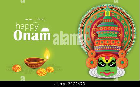 Happy Onam un festival indien du sud très célèbre de l'Inde. Kathakali visage vecteur de concevoir une danse classique de Kerala Inde Illustration de Vecteur