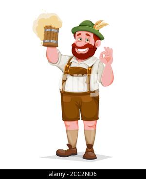 Homme en vêtements bavarois, personnage de dessin animé drôle. Festival de la bière de Munich Oktoberfest. Illustration vectorielle Illustration de Vecteur