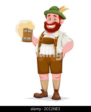 Homme en vêtements bavarois tenant la bière, personnage de dessin animé drôle. Festival de la bière de Munich Oktoberfest. Illustration vectorielle Illustration de Vecteur