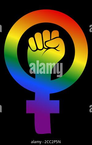 Vecteur d'un poing relevé. Symbole féministe de la couleur de l'arc-en-ciel sur fond noir. LGBTQ Illustration de Vecteur