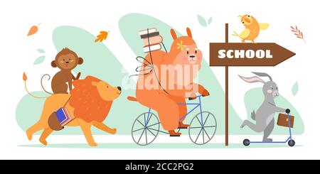 Les animaux vont à l'école illustration vectorielle. Dessin animé plat zoo sauvage étudiant élève personnage animal avec sac d'école ou des livres courant pour l'étude et l'école, mignon concept d'éducation isolé sur blanc Illustration de Vecteur